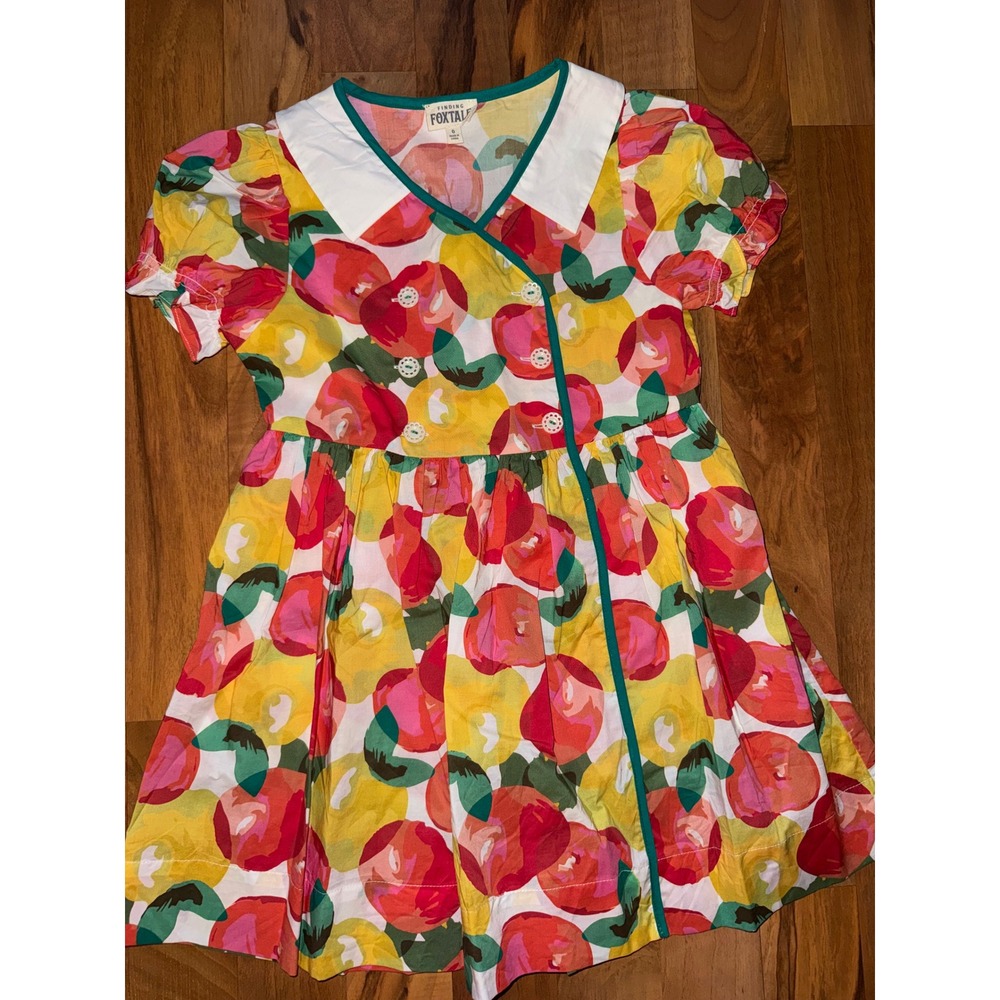 Finding Foxtale Dress Kids Size 6 Multicolor Apple Print Cotton Peter Pan Collar